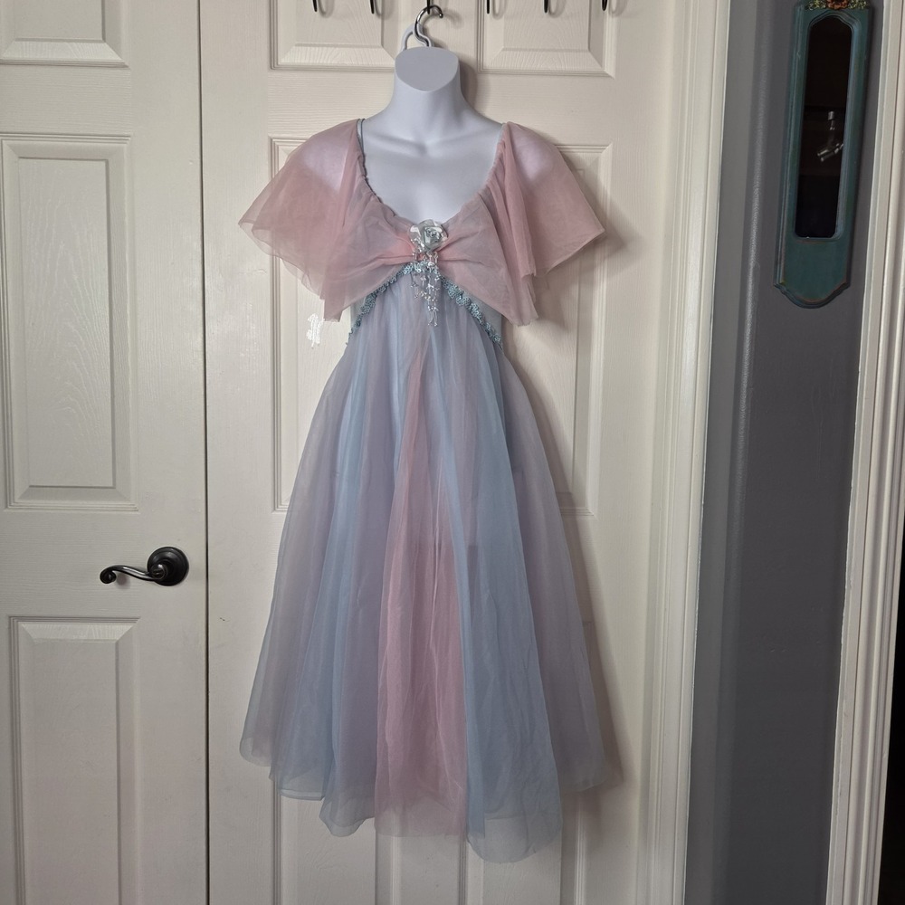 Patel Blue Pink Tulle Fairy Dress Bodysuit Sheer Drape Dancing Costume